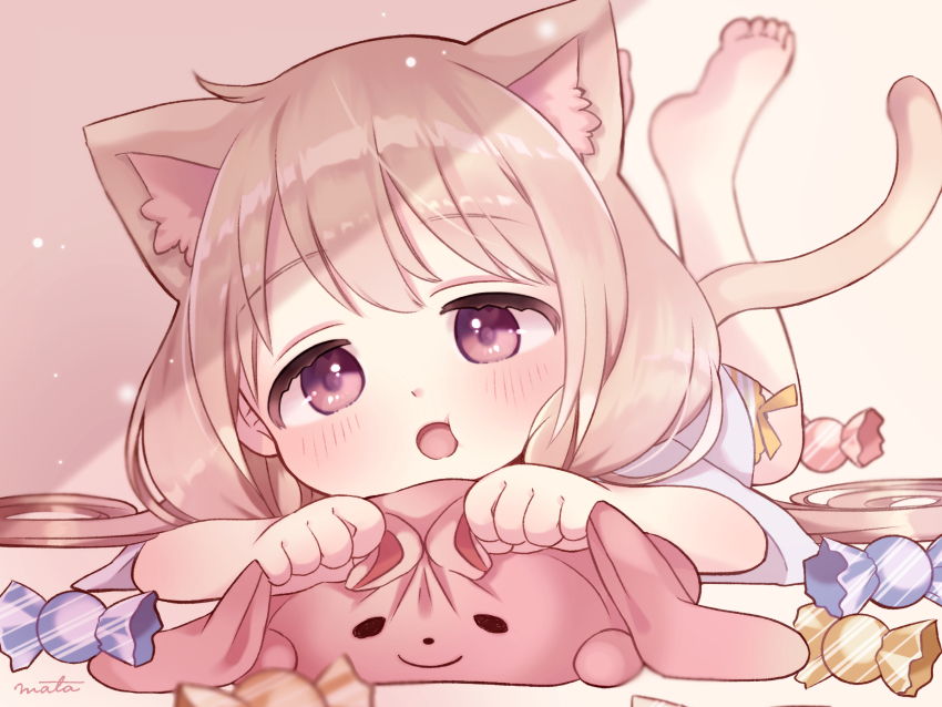 animal_ears, bare_legs, blonde_hair, blurry, blurry_background, blush, candy, cat_ears