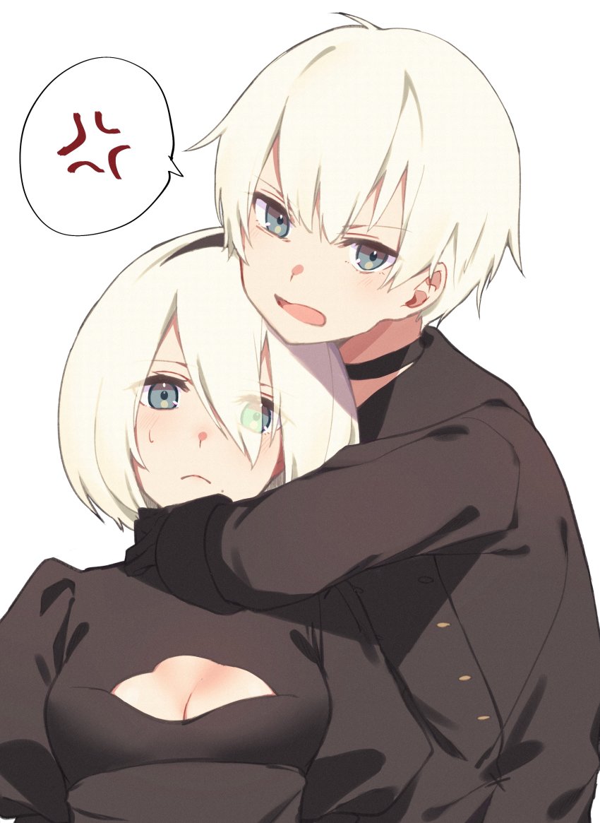 1boy, 1girl, absurdres, anger_vein, black_gloves, black_hairband, black_jacket, blue_eyes