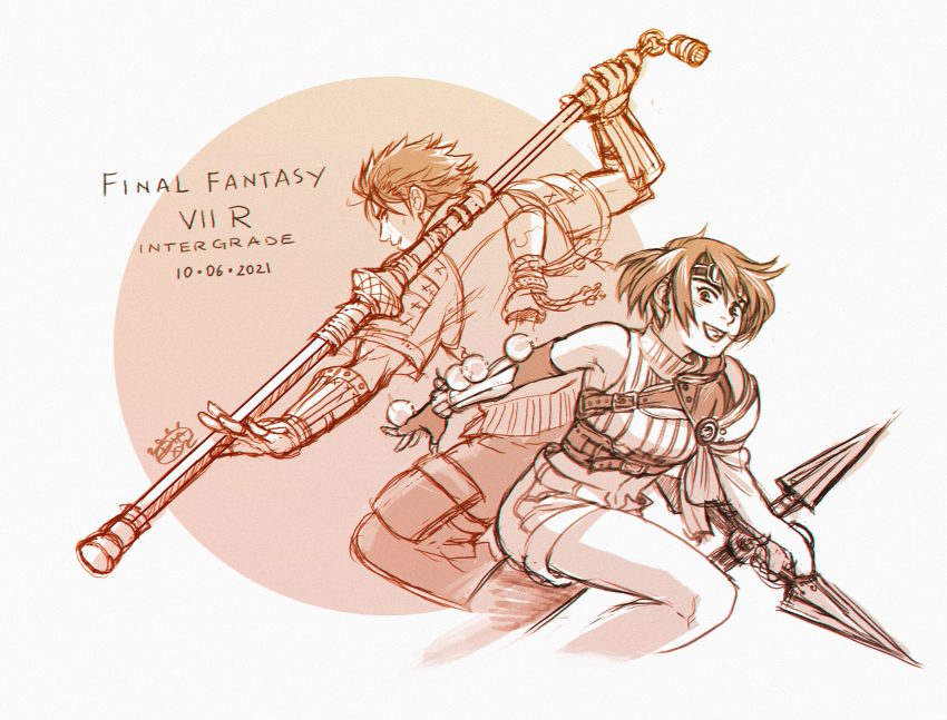 1boy, 1girl, arm_guards, armor, back-to-back, diana_mercolini, final_fantasy, final_fantasy_vii
