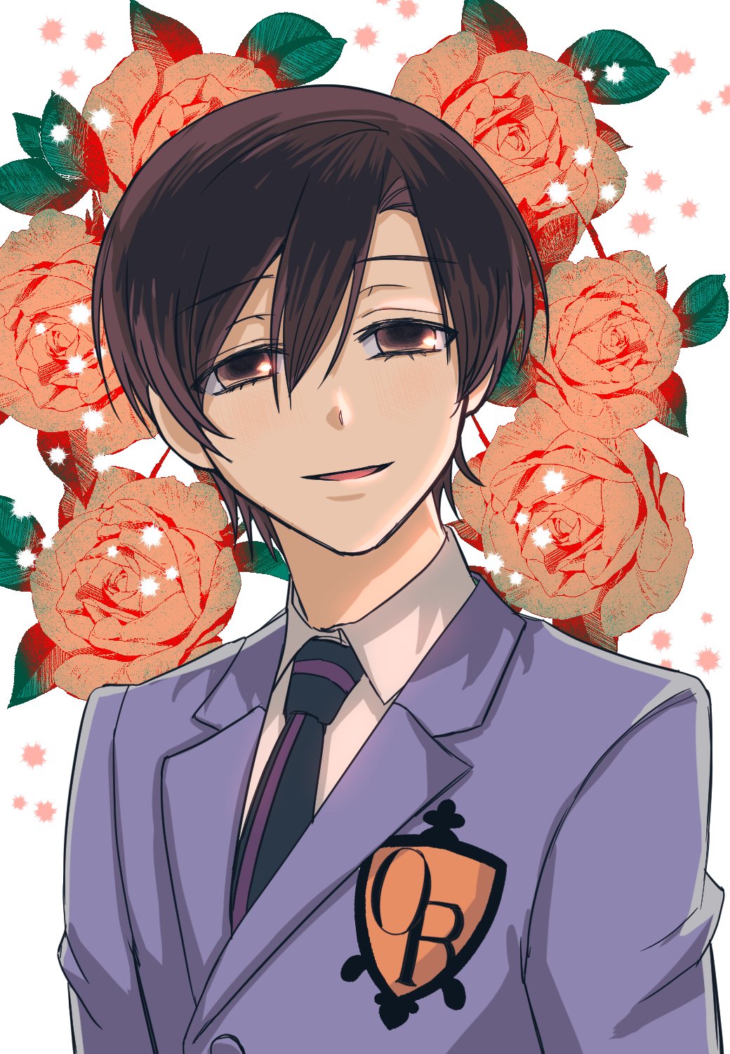 1girl, androgynous, black_necktie, blue_jacket, brown_eyes, brown_hair, collared_shirt, crossdressing, crossdressing_(ftm), flower, fujioka_haruhi, highres, jacket, leonham_(ila_55555), necktie, ouran_high_school_host_club, pink_necktie, portrait, red_flower, reverse_trap, school_uniform, shirt, short_hair, simple_background, smile, solo, white_background