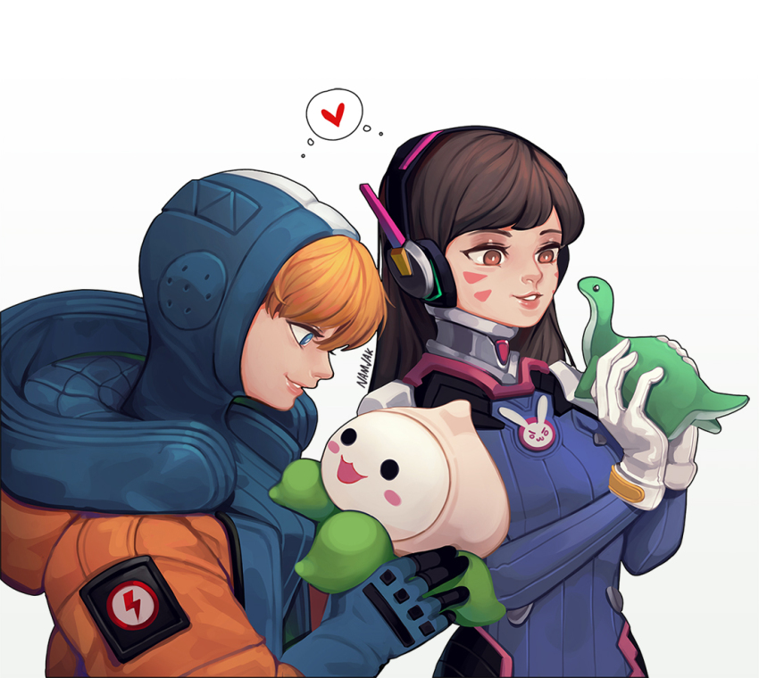 2girls, animification, apex_legends, artist_name, blonde_hair, blue_bodysuit, blue_eyes, blue_headwear, bodysuit, breasts, brown_eyes, brown_hair, classic_d.va, crossover, d.va_(overwatch), heart, holding, holding_stuffed_toy, hood, hooded_bodysuit, hooded_jacket, jacket, mecha_pilot_suit, medium_breasts, multiple_girls, namjak, nessie_(respawn), orange_jacket, overwatch, overwatch_1, pachimari, parted_lips, ribbed_bodysuit, smile, speech_bubble, stuffed_animal, stuffed_toy, thought_bubble, wattson_(apex_legends), white_background