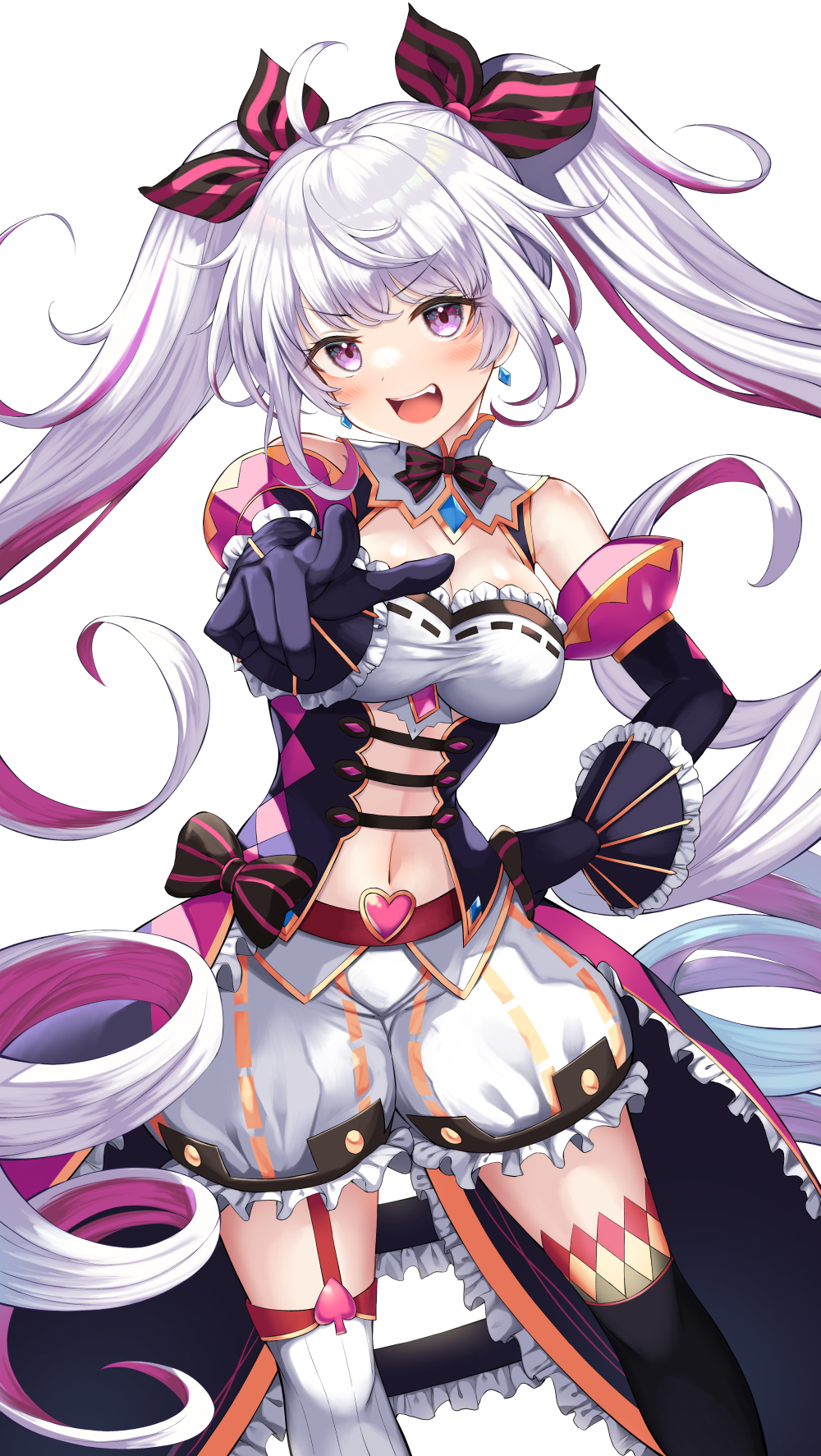 1girl, :d, ahoge, asymmetrical_legwear, bare_shoulders, black_bow, black_bowtie, black_dress