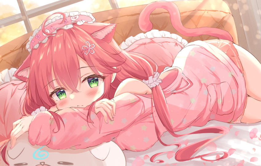 1girl, absurdres, ahoge, animal_ears, bed, blush, cat_ears, cat_girl