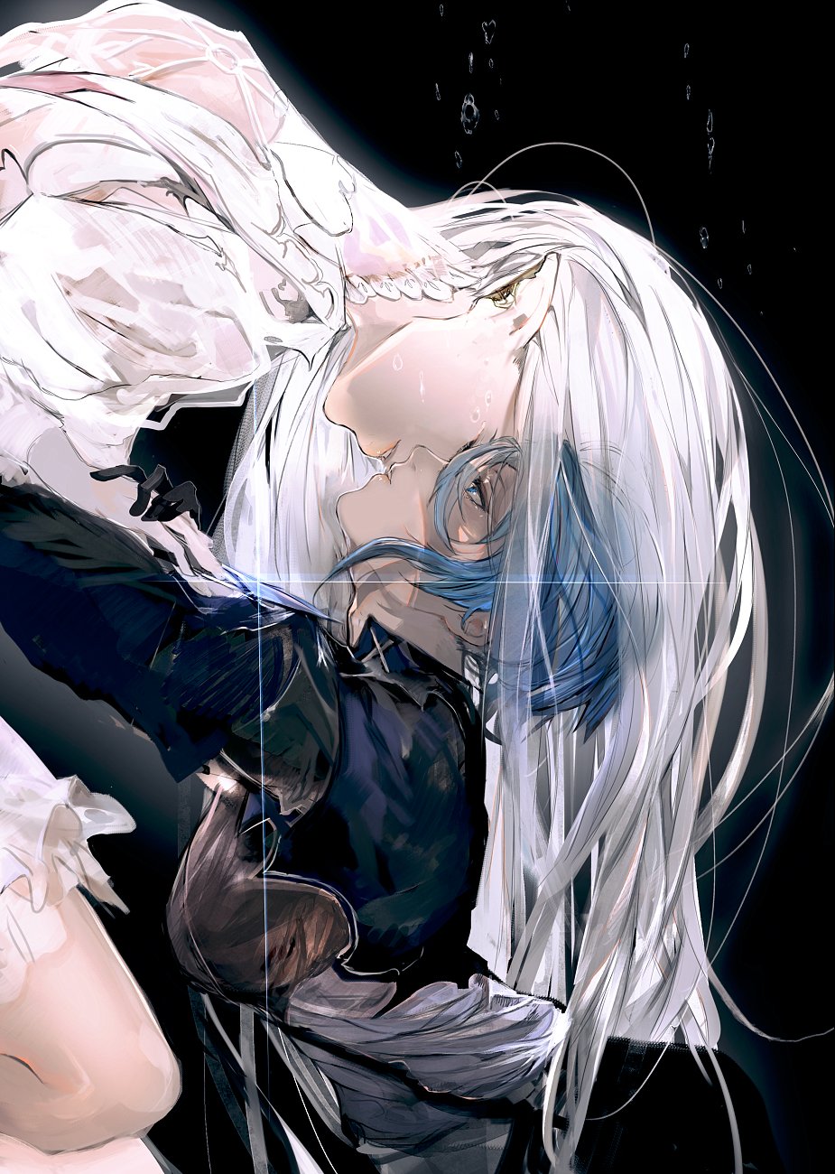 2girls, arched_back, armor, black_background, black_gloves, black_jacket, blue_eyes, blue_hair