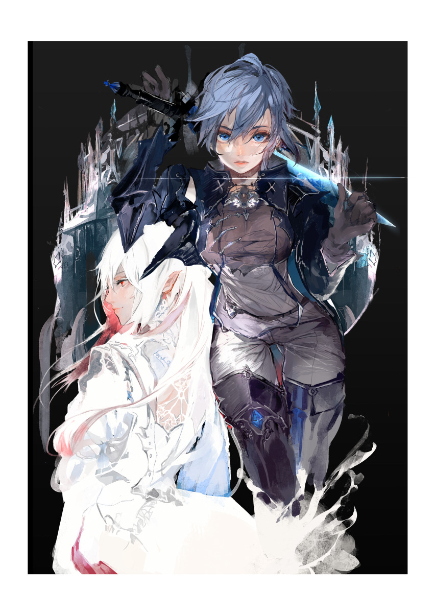 2girls, absurdres, black_background, black_gloves, black_jacket, blue_eyes, blue_hair, boots