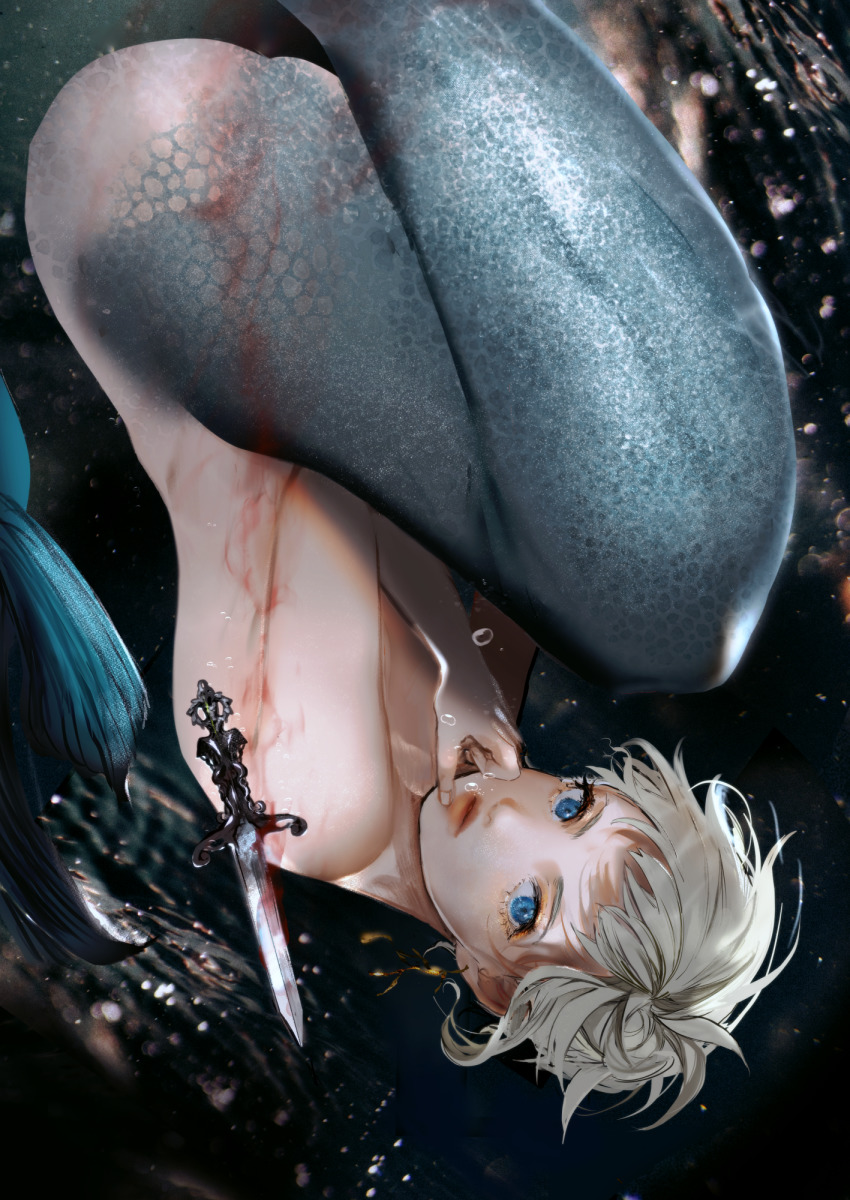androgynous, black_background, blood, blue_eyes, chikage_(chi_g0), completely_nude, dagger, earrings, eyelashes, from_side, gender_request, highres, jewelry, knife, lips, looking_at_viewer, mermaid, merman, monster_boy, monster_girl, nude, original, silver_hair, solo, submerged, upside-down, water, weapon
