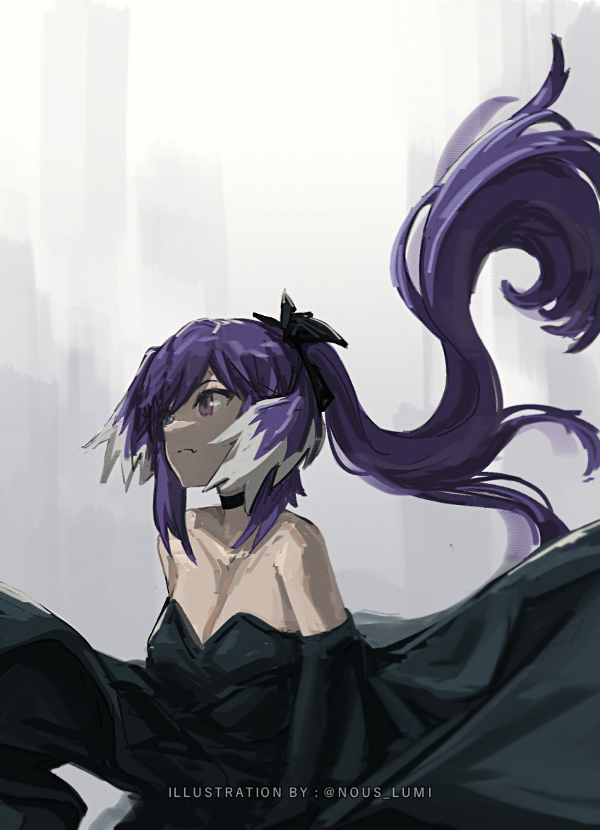 1girl, alternate_costume, black_choker, black_dress, black_gloves, black_ribbon, blue_eyes, breasts