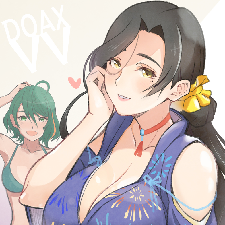 2girls, black_hair, breasts, cleavage, dead_or_alive, dead_or_alive_xtreme, dead_or_alive_xtreme_venus_vacation, huge_breasts