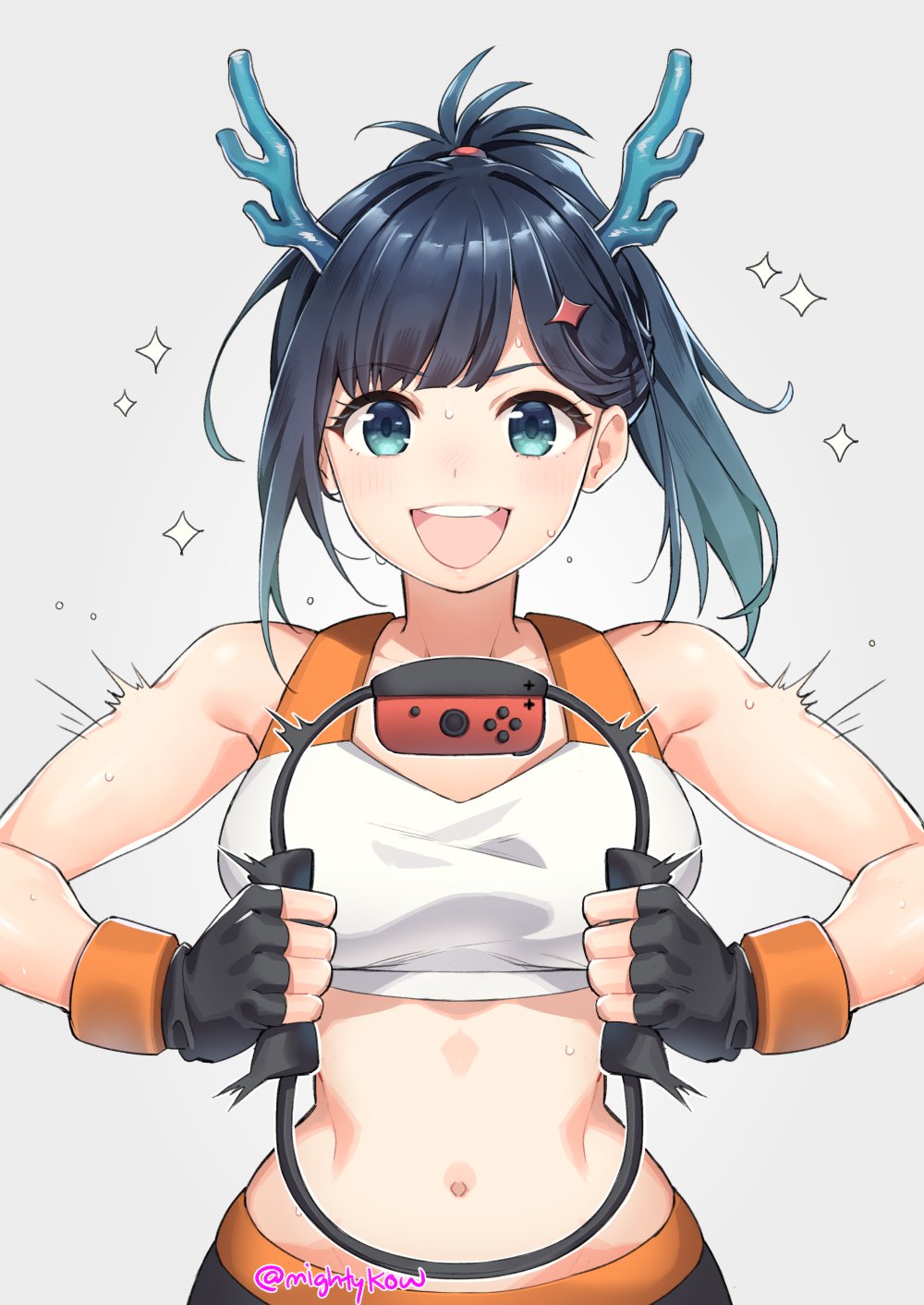 1girl, :d, black_gloves, blue_eyes, blue_hair, blush, breasts, controller