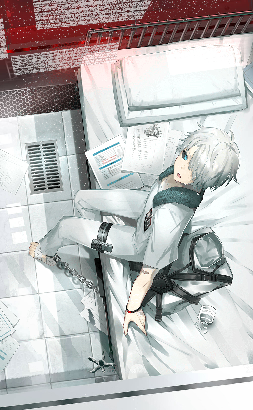 1boy, ankle_cuffs, b-52_(sp)_(food_fantasy), b-52_cocktail_(food_fantasy), black_sclera, blouse, blue_eyes, chain