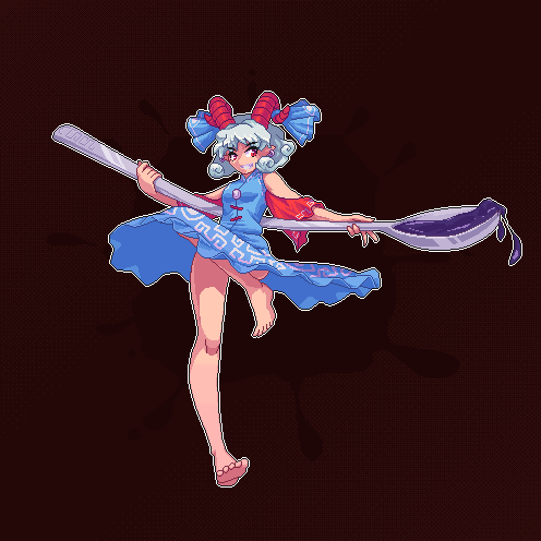 1girl, barefoot, blue_dress, breasts, brown_background, commentary_request, curly_hair, detached_sleeves