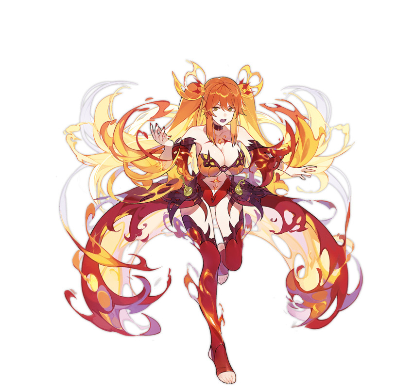 1girl, aqua_eyes, ark_order, bare_legs, bare_shoulders, blonde_hair, breasts, choker, cleavage, cthugha_(ark_order), detached_sleeves, fiery_hair, fire, full_body, highres, horns, inxst, large_breasts, leotard, long_hair, looking_at_viewer, nail_polish, navel, official_art, open_mouth, orange_hair, red_choker, red_leotard, red_nails, red_thighhighs, sidelocks, solo, stirrup_legwear, stomach_tattoo, tachi-e, tattoo, thighhighs, toeless_legwear, transparent_background, twintails, very_long_hair