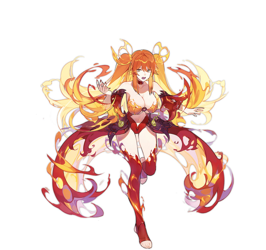 1girl, aqua_eyes, ark_order, bare_legs, bare_shoulders, blonde_hair, breasts, choker, cleavage, cthugha_(ark_order), detached_sleeves, fiery_hair, fire, full_body, highres, horns, inxst, large_breasts, leotard, long_hair, looking_at_viewer, nail_polish, navel, official_art, open_mouth, orange_hair, red_choker, red_leotard, red_nails, red_thighhighs, sidelocks, solo, stirrup_legwear, tachi-e, thighhighs, toeless_legwear, transparent_background, twintails, very_long_hair