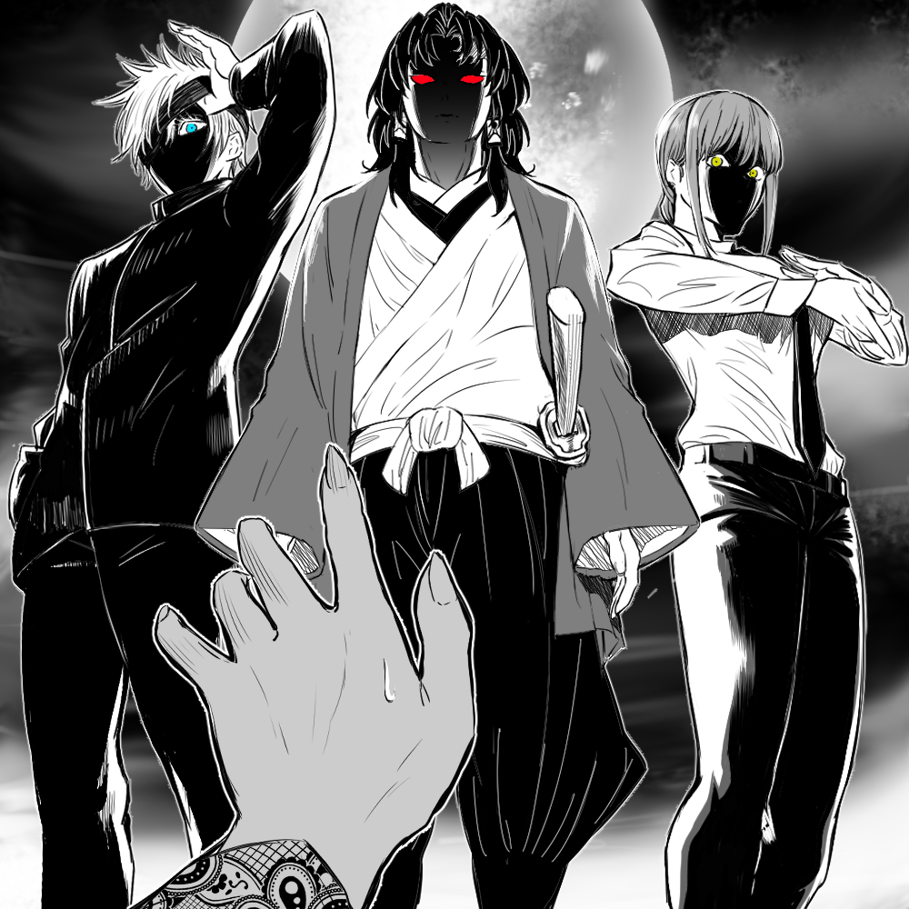 1girl, 2boys, blue_eyes, chainsaw_man, crossover, gojo_satoru, jujutsu_kaisen, katana, kimetsu_no_yaiba, makima_(chainsaw_man), multiple_boys, multiple_crossover, necktie, red_eyes, roki_chikin, sword, trait_connection, tsugikuni_yoriichi, weapon, white_hair, yellow_eyes