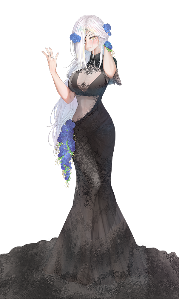 1girl, alchemist_(girls'_frontline), alternate_costume, arm_behind_head, arm_up, black_dress, blush, breasts