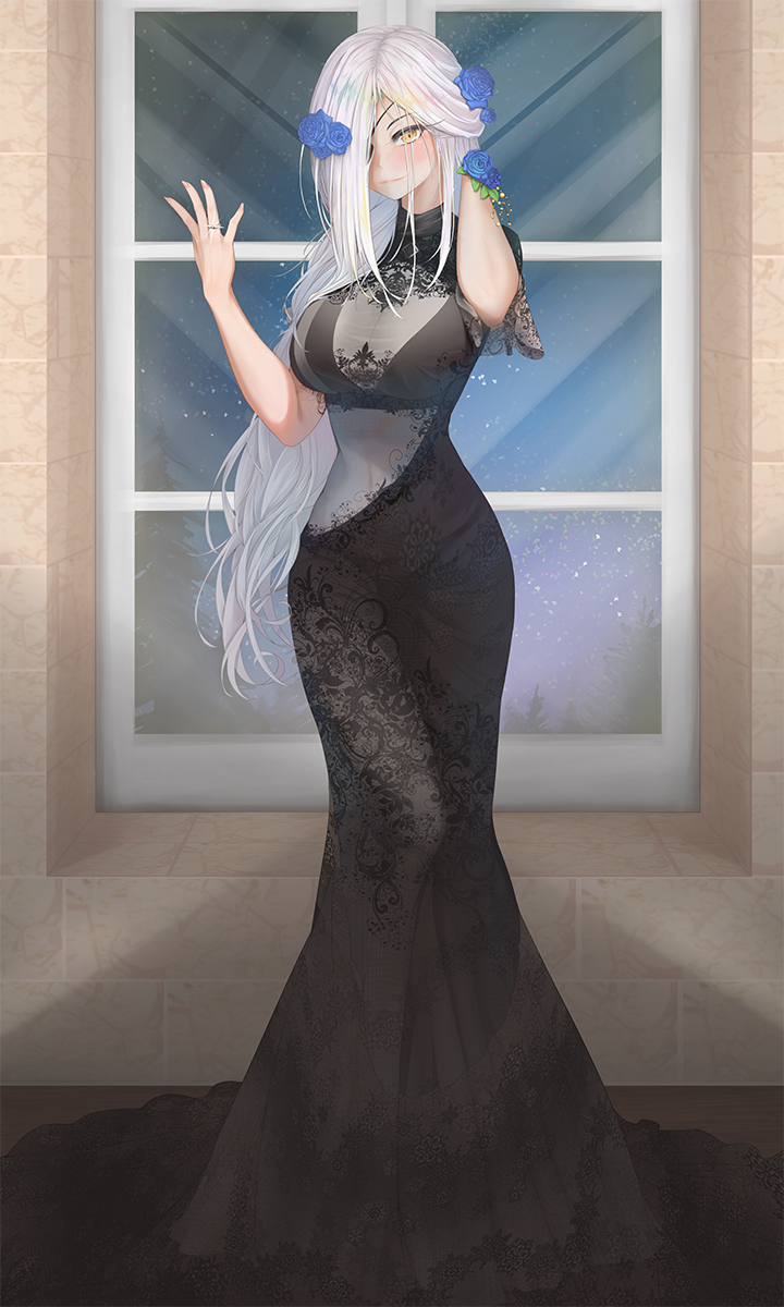 1girl, alchemist_(girls'_frontline), alternate_costume, arm_behind_head, arm_up, black_dress, blush, breasts