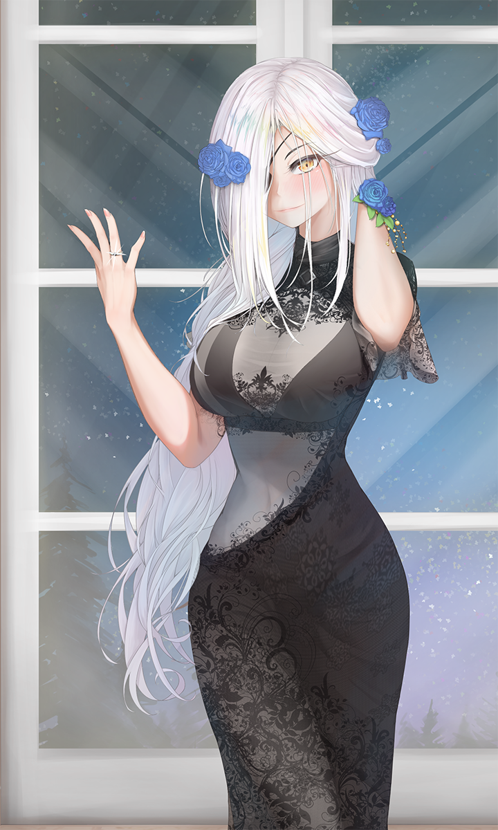 1girl, alchemist_(girls'_frontline), alternate_costume, arm_behind_head, arm_up, black_dress, blush, breasts, closed_mouth, dress, eien_(x0b3o6x7), eyepatch, flower, girls'_frontline, hair_between_eyes, hair_flower, hair_ornament, hair_over_one_eye, highres, jewelry, lips, long_hair, looking_at_viewer, medium_breasts, nail_polish, pink_nails, ring, sangvis_ferri, smile, solo, standing, wedding_ring, white_hair, window, yellow_eyes