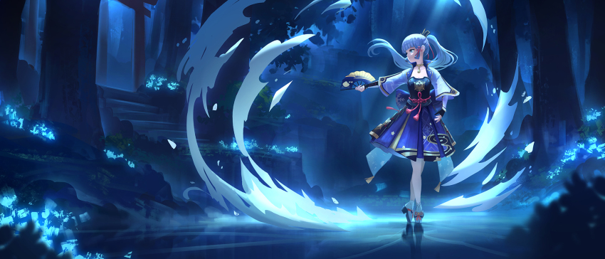 1girl, arm_guards, armor, armored_dress, ayaka_(genshin_impact), blue_eyes, blue_hair, blunt_bangs, breastplate, dinhosaur, dress, folding_fan, genshin_impact, hair_ribbon, hand_fan, high_heels, high_ponytail, highres, holding, holding_fan, ice, japanese_armor, light_blue_hair, mole, ponytail, ribbon, skirt, solo, stairs, tassel, tiptoes, torii, tree, tress_ribbon