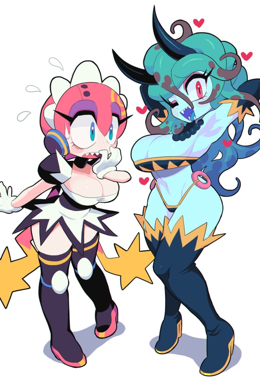 +_+, 2girls, arched_back, arms_behind_head, ass, back, bare_shoulders, bdsm, black_panties, blue_eyes, blue_gloves, blue_legwear, blue_skin, blush, bommina, bommina_the_maidroid, bondage, boots, bound, breasts, cleavage, cleft_of_venus, colored_skin, demon_girl, demon_horns, elbow_gloves, female_focus, flying_sweatdrops, full_body, gashi-gashi, gloves, gradient_hair, green_eyes, green_hair, grin, hair_between_eyes, high_heel_boots, high_heels, highres, horns, large_breasts, leaning_forward, legs, long_hair, looking_at_viewer, maid_headdress, multicolored_hair, multiple_girls, navel, orange_hair, original, panties, pink_hair, robot_ears, scared, shadow, sharp_teeth, simple_background, smile, sparks, standing, strapless, sweatdrop, teeth, tentacle_hair, thigh_boots, thighhighs, thighs, tube_top, twintails, underwear, white_background, zigza_(gashi-gashi)