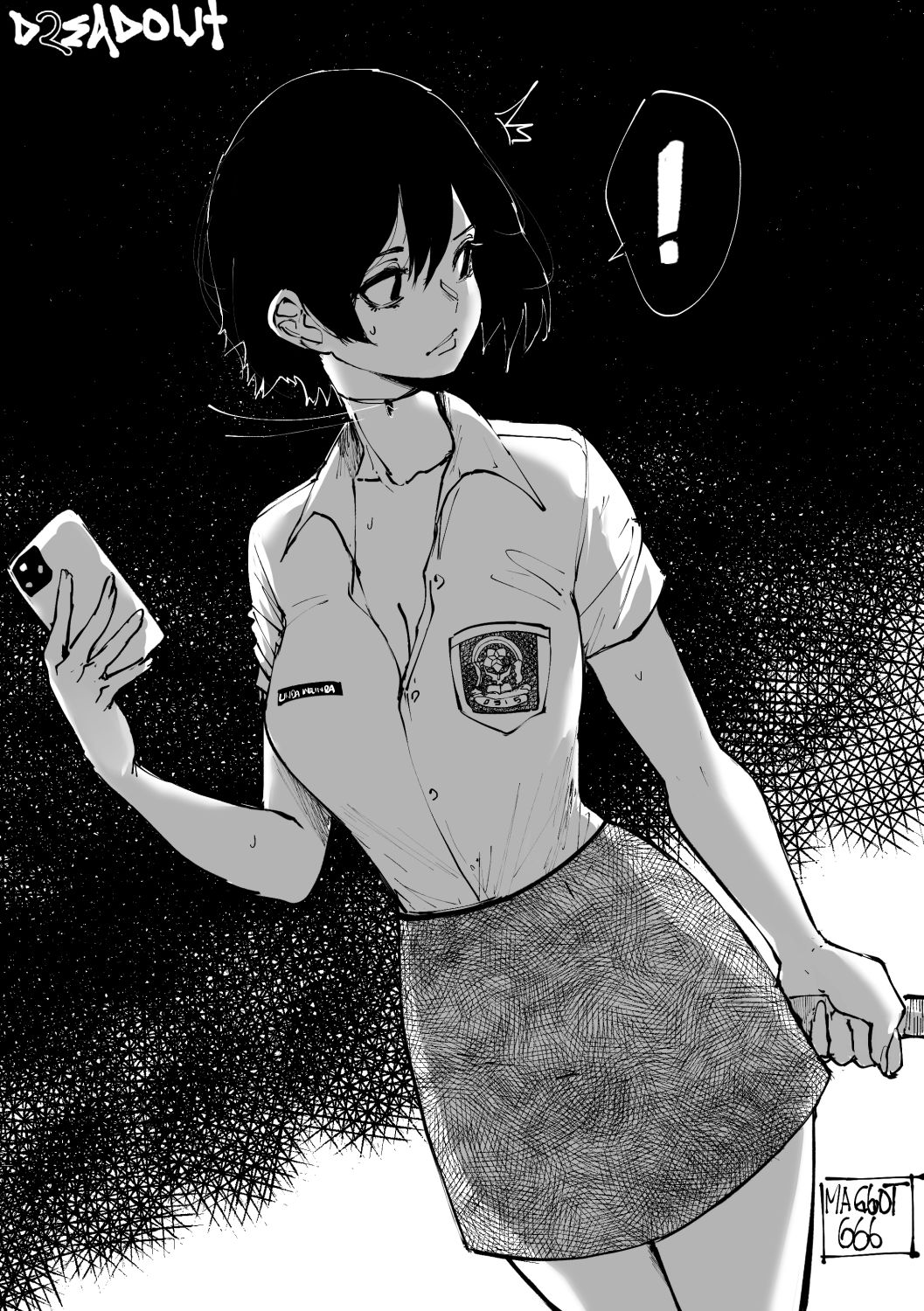 1girl, ^^^, artist_name, bare_arms, breasts, cellphone, cleavage, collar, collarbone, collared_shirt, copyright_name, cowboy_shot, dreadout, dreadout_2, dress_shirt, dutch_angle, facing_viewer, gradient_background, greyscale, highres, legs_together, linda_mellinda, looking_to_the_side, medium_breasts, miniskirt, monochrome, motion_lines, name_tag, norman_maggot, phone, school_uniform, shirt, short_hair, short_sleeves, simple_background, skirt, smartphone, spoken_exclamation_mark, standing, sweat, sweatdrop
