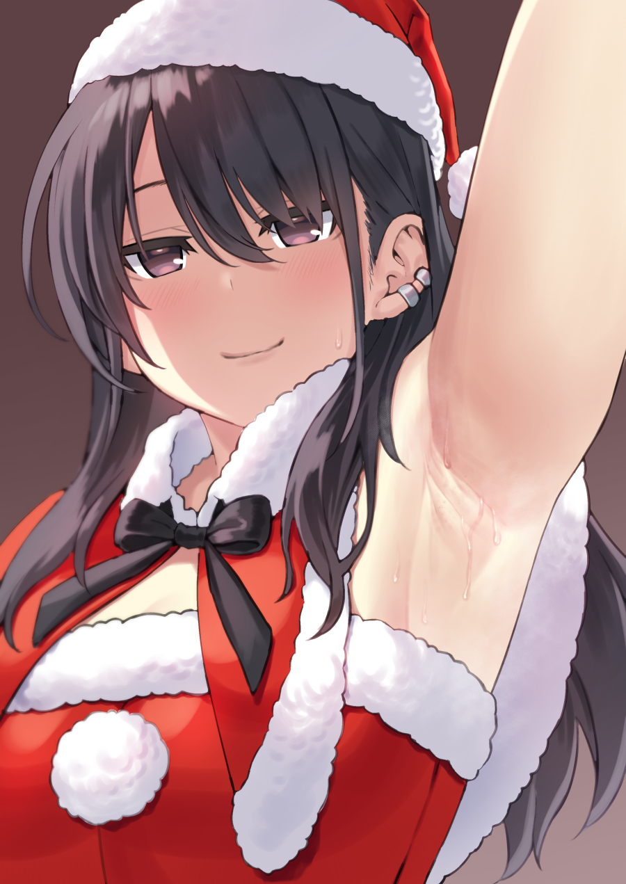 1girl, arm_up, armpit_focus, armpits, black_hair, blush, earrings, ese_shinshi