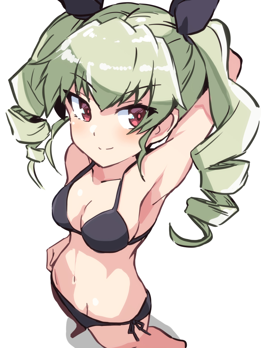 1girl, anchovy_(girls_und_panzer), bikini, black_bikini, black_ribbon, breasts, bright_pupils, brown_eyes, chikuwa_(majihima), cleavage, cowboy_shot, drill_hair, girls_und_panzer, hair_ribbon, highres, long_hair, looking_at_viewer, medium_breasts, navel, pillarboxed, ribbon, shiny_skin, side-tie_bikini_bottom, solo, standing, swimsuit, twin_drills, twintails, white_pupils