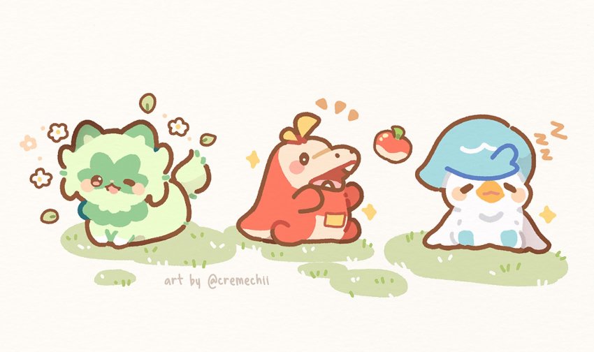 apple, blue_eyes, bright_pupils, chibi, closed_eyes, cremechii, fang, fangs