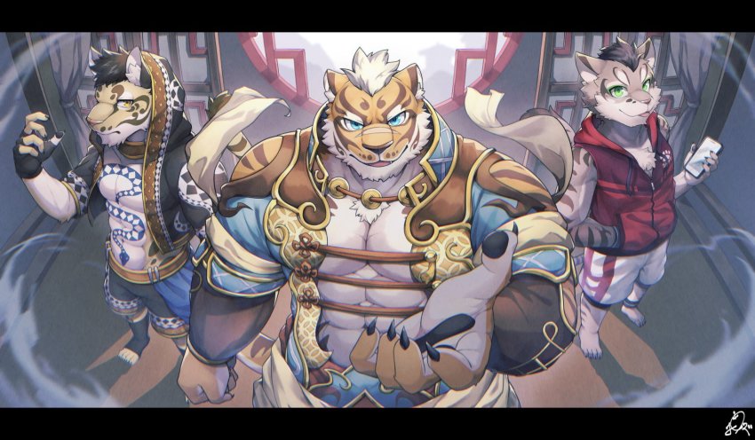 3boys, :p, abs, animal_ears, animal_print, bara, blue_eyes, chest_tuft