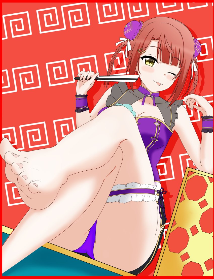 1girl, ;), ;p, absurdres, alternate_hairstyle, apron, aqua_flower, armlet, artist_name, artist_request, back_bow, bare_legs, bare_shoulders, barefoot, black_skirt, blush, border, bow, braid, braided_bun, breasts, bun_cover, china_dress, chinese-styled_maid's_passionate_welcome_(love_live!), chinese_clothes, cleavage, cleavage_cutout, clothing_cutout, crossed_legs, detached_collar, double_bun, dress, earrings, feet, female_focus, floral_print, flower, flower_knot, flower_print, folded_fan, folding_fan, frilled_dress, frilled_thigh_strap, frills, green_eyes, hair_bow, hair_bun, hair_ornament, hair_ribbon, hairclip, hand_fan, highres, holding, holding_fan, jewelry, legwear_garter, looking_at_viewer, love_live!, love_live!_nijigasaki_high_school_idol_club, love_live!_school_idol_festival, love_live!_school_idol_festival_all_stars, miniskirt, miya_anko, nail_(hardware), nail_polish, navel, one_eye_closed, orange_hair, parted_lips, pink_nails, plaid_clothes, plaid_dress, plaid_skirt, pleated, pleated_dress, pleated_skirt, purple_bow, purple_detached_collar, purple_dress, purple_ribbon, purple_wrist_cuffs, red_background, red_border, red_hair, ribbon, short_hair, single_legwear_garter, skirt, smile, soles, solo, star_(symbol), star_print, tassel, tassel_earrings, thigh_strap, toenail_polish, toenails, toes, tongue, tongue_out, twin_braids, uehara_ayumu, waist_apron, white_apron, white_bow, white_ribbon, wink, wrist_cuffs, yellow_eyes