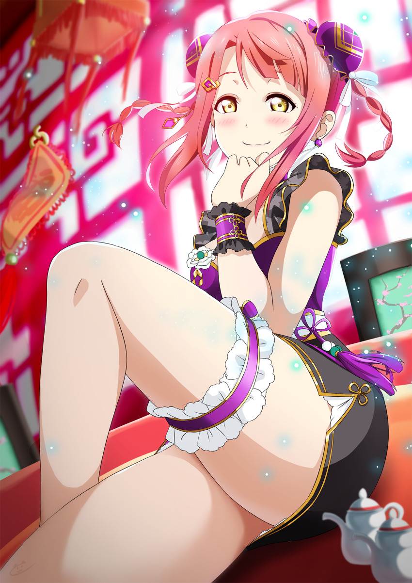 1girl, alternate_hairstyle, apron, aqua_flower, armlet, artist_name, artist_request, back_bow