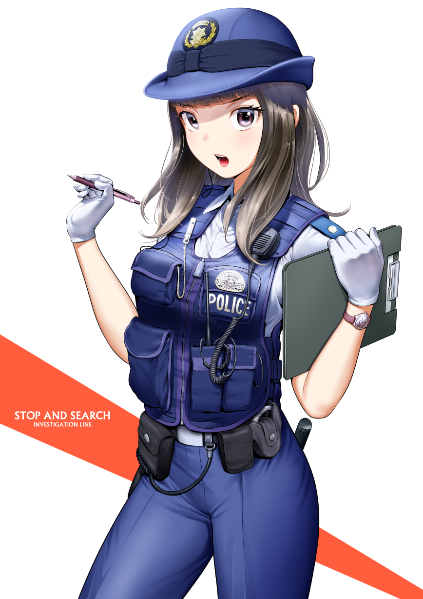 1girl, black_eyes, black_hair, blue_hat, blue_pants, blue_shirt, blue_vest, clipboard