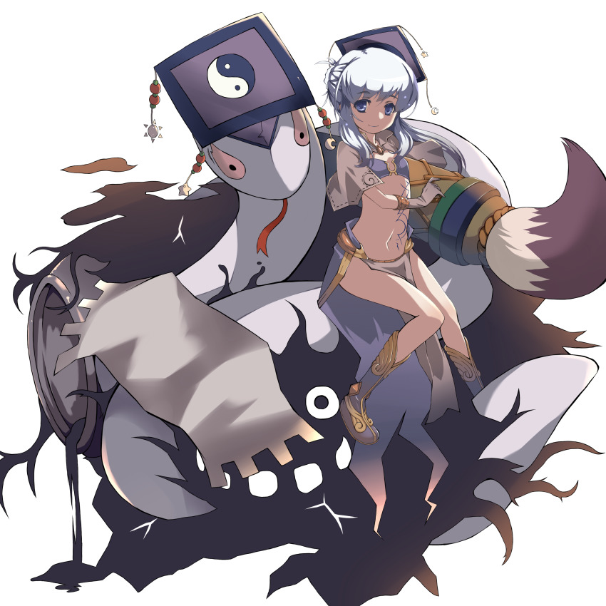 1girl, absurdres, alternate_color, bikini, bikini_top_only, blue_bikini, blue_eyes, blue_skirt, boots, brown_capelet, brown_footwear, brown_gloves, capelet, chinese_clothes, closed_mouth, commentary_request, crescent, demon, evil_snake_lord, flat_chest, full_body, gloves, guan_hat, hat, highres, jar, mage_(ragnarok_online), medium_hair, mian_guan, monster, navel, paintbrush, pelvic_curtain, qingdai_guanmao, ragnarok_online, shimotsuki_nozomi, showgirl_skirt, sidelocks, simple_background, sitting, skirt, smile, snake, star_(symbol), swimsuit, white_background, white_hair, white_snake, yin_yang