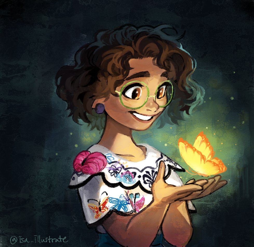 1girl, animal_print, blouse, brown_eyes, brown_hair, bug, butterfly, butterfly_print, collarbone, cupping_hands, curly_hair, dark-skinned_female, dark_background, dark_skin, earrings, embroidery, encanto, glasses, glowing, glowing_butterfly, gradient_background, green-framed_eyewear, green_background, hands_up, insect, isa_illustrate, jewelry, light_particles, looking_at_animal, looking_down, mirabel_madrigal, own_hands_together, pom_pom_(clothes), pom_pom_earrings, shirt, short_hair, short_sleeves, simple_background, smile, solo, thick_eyebrows, twitter_username, white_shirt, yellow_butterfly