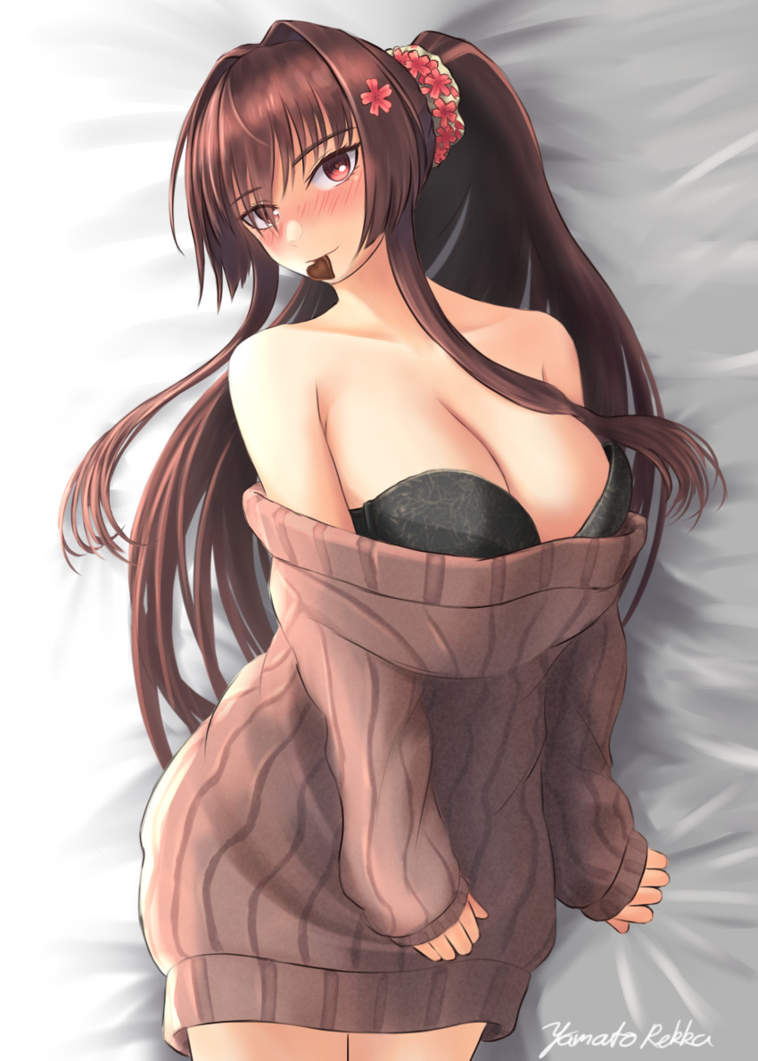 1girl, black_bra, blush, bra, breasts, brown_hair, brown_sweater, candy, cherry_blossoms, chocolate, chocolate_heart, flower, food, food_in_mouth, hair_flower, hair_intakes, hair_ornament, heart, high_ponytail, highres, huge_breasts, kantai_collection, long_hair, long_sleeves, mouth_hold, off-shoulder_sweater, off_shoulder, official_alternate_costume, ponytail, red_eyes, rekka_yamato, sidelocks, smile, solo, sweater, underwear, very_long_hair, yamato_(kancolle), yamato_(spring)_(kancolle)