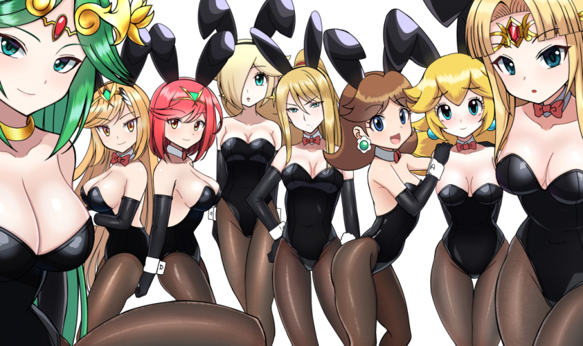 6+girls, alternate_costume, animal_ears, annoyed, backpack, bag, black_gloves, black_legwear, black_leotard, blonde_hair, blue_eyes, blunt_bangs, bob_cut, bow, bowtie, breasts, brown_eyes, brown_hair, cleavage, clueless, company_connection, cowboy_shot, detached_collar, elbow_gloves, embarrassed, female_focus, gloves, green_eyes, green_hair, grin, hand_on_own_hip, highleg, highleg_leotard, kid_icarus, kid_icarus_uprising, large_breasts, legs, leotard, long_hair, looking_at_viewer, mario_(series), matching_outfits, medium_breasts, metroid, multiple_girls, mythra_(xenoblade), nervous, nintendo, palutena, pantyhose, parted_bangs, playboy_bunny, ponytail, princess_daisy, princess_peach, princess_zelda, pyra_(xenoblade), rabbit_ears, rabbit_tail, raised_eyebrows, red_bow, red_bowtie, red_hair, rosalina, samus_aran, short_hair, simple_background, smile, standing, strapless, strapless_leotard, super_mario_land, super_smash_bros., swept_bangs, tail, the_legend_of_zelda, the_legend_of_zelda:_a_link_between_worlds, thighs, very_long_hair, white_background, wrist_cuffs, xenoblade_chronicles_(series), xenoblade_chronicles_2, zetsuei_(zetto)