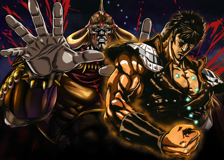 2boys, armband, armor, constellation, hara_tetsuo, helmet, hokuto_no_ken, jacket