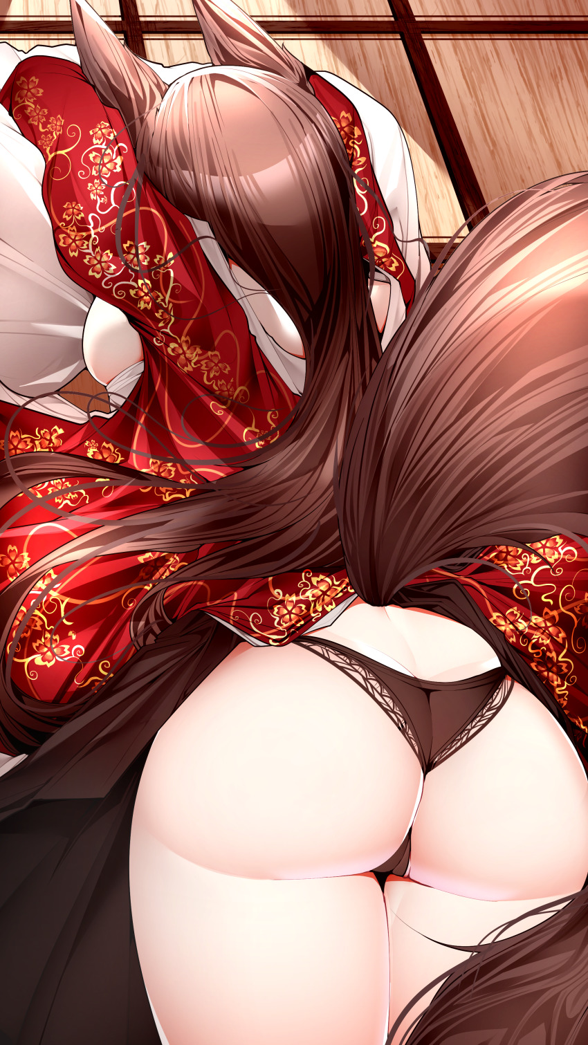 1girl, absurdres, akagi_(azur_lane), akagi_(dawn_phoenix's_summons)_(azur_lane), animal_ears, ass, azur_lane, backboob, breasts, brown_panties, brown_tail, butt_crack, from_above, from_behind, highres, indoors, japanese_clothes, kimono, large_breasts, long_hair, panties, red_kimono, samip, thighs, underwear, very_long_hair