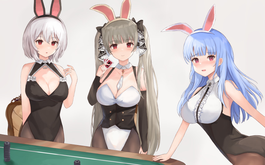 3girls, absurdres, alternate_costume, animal_ears, azur_lane, bare_shoulders, between_breasts, black_leotard