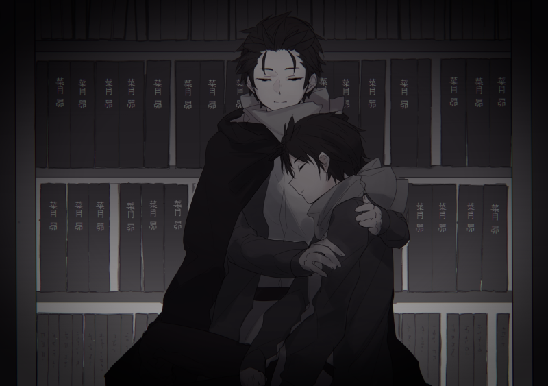 2boys, black_hair, blood, book, bookshelf, cape, clone, closed_eyes