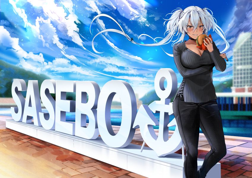 1girl, absurdres, arm_under_breasts, black_nails, black_pants, black_sweater, breasts, brown_eyes, burger, cleavage, collarbone, commission, dark-skinned_female, dark_skin, feet_out_of_frame, fingernails, food, glasses, hair_between_eyes, highres, holding, holding_food, kantai_collection, large_breasts, long_hair, long_sleeves, musashi_(kancolle), nail_polish, open_mouth, pants, ribbed_sweater, rimless_eyewear, sasebo, silver_hair, skeb_commission, smile, solo, sweater, two_side_up, yunamaro