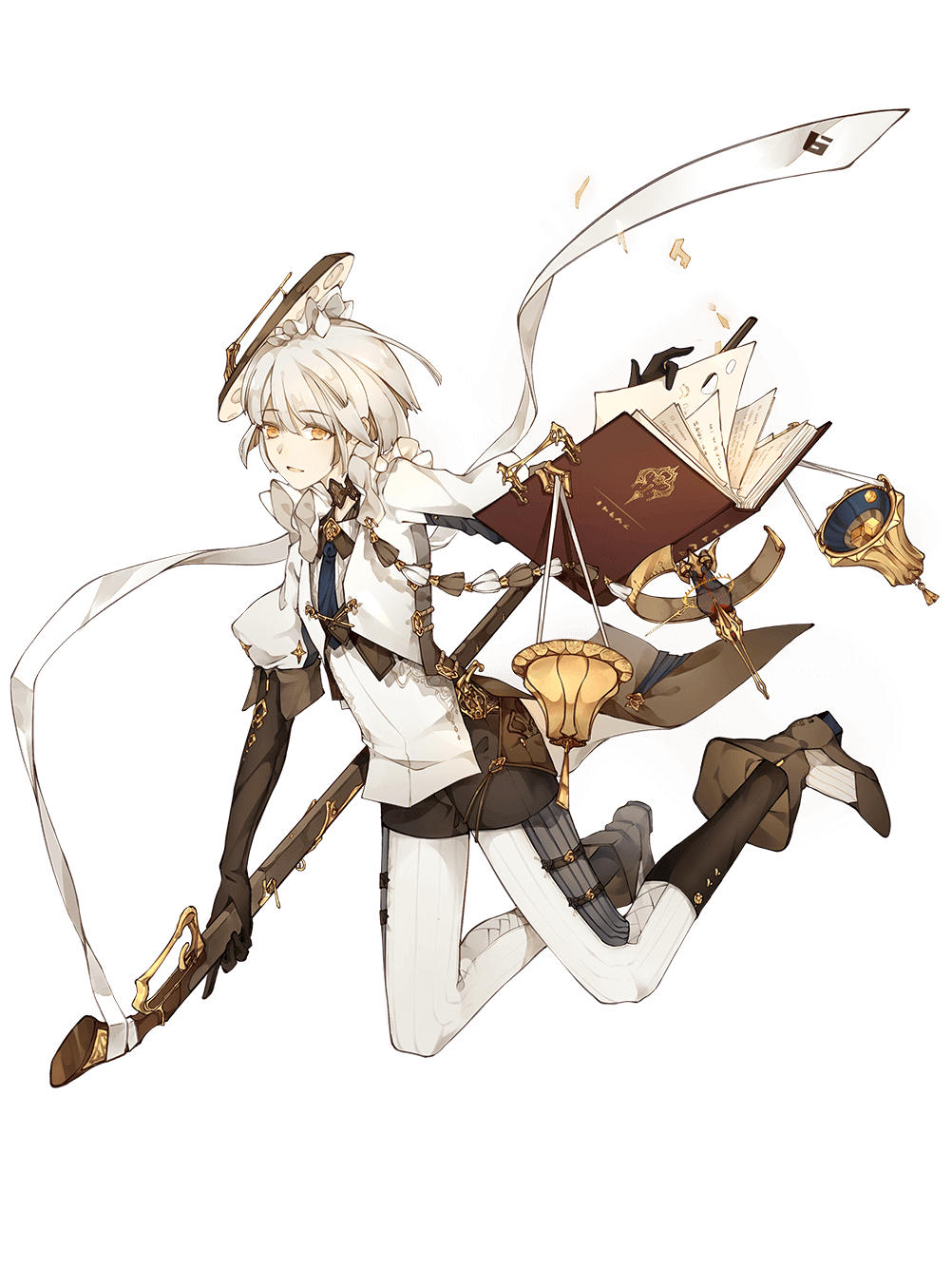 1boy, androgynous, baguette_(food_fantasy), blonde_hair, book, floating, food_fantasy, full_body, highres, holding, holding_weapon, jingzhongyin, looking_at_viewer, official_art, pale_skin, second-party_source, solo, transparent_background, weapon, yellow_eyes