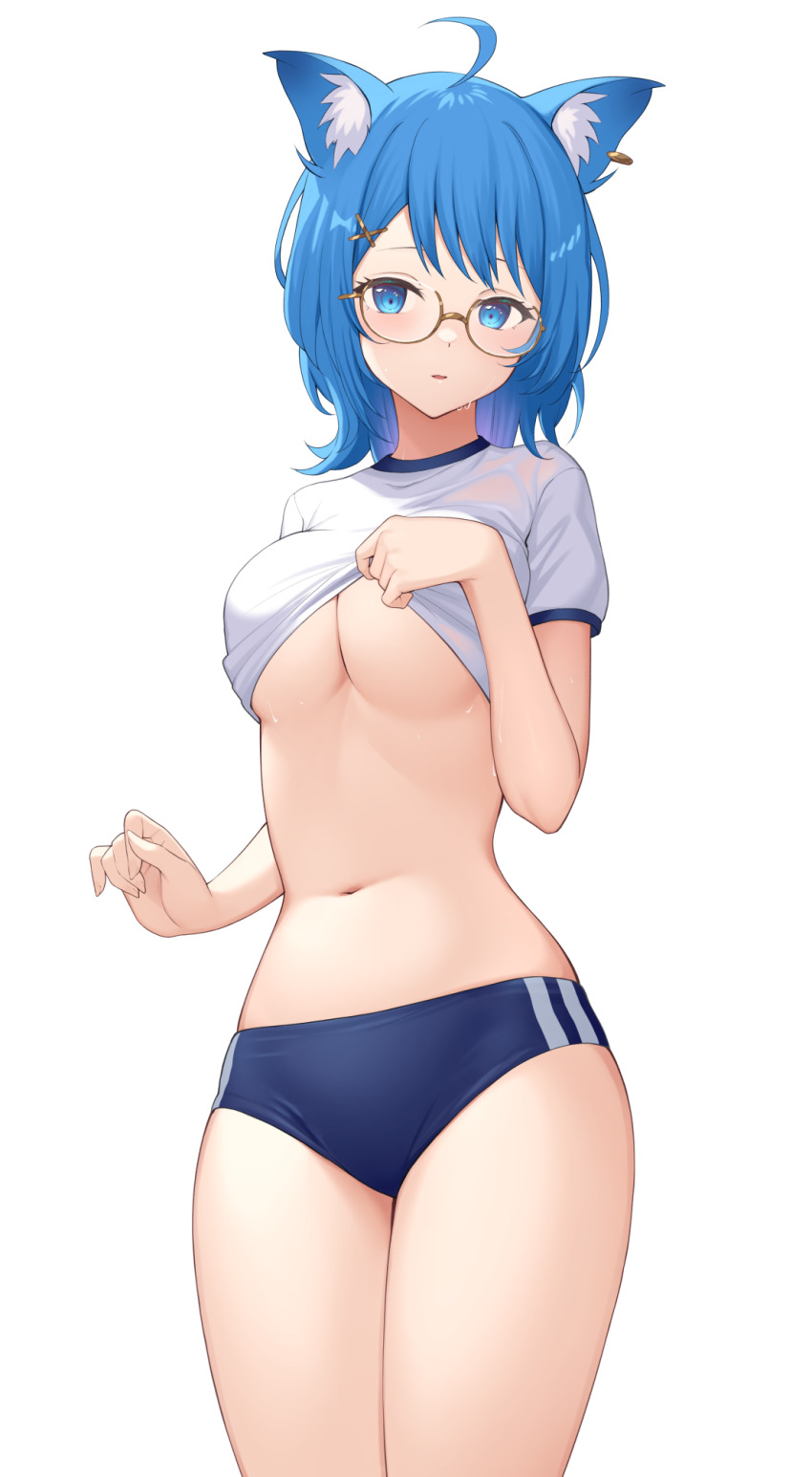 1girl, ahoge, animal_ear_fluff, animal_ears, blue_buruma, blue_eyes, blue_hair, breasts