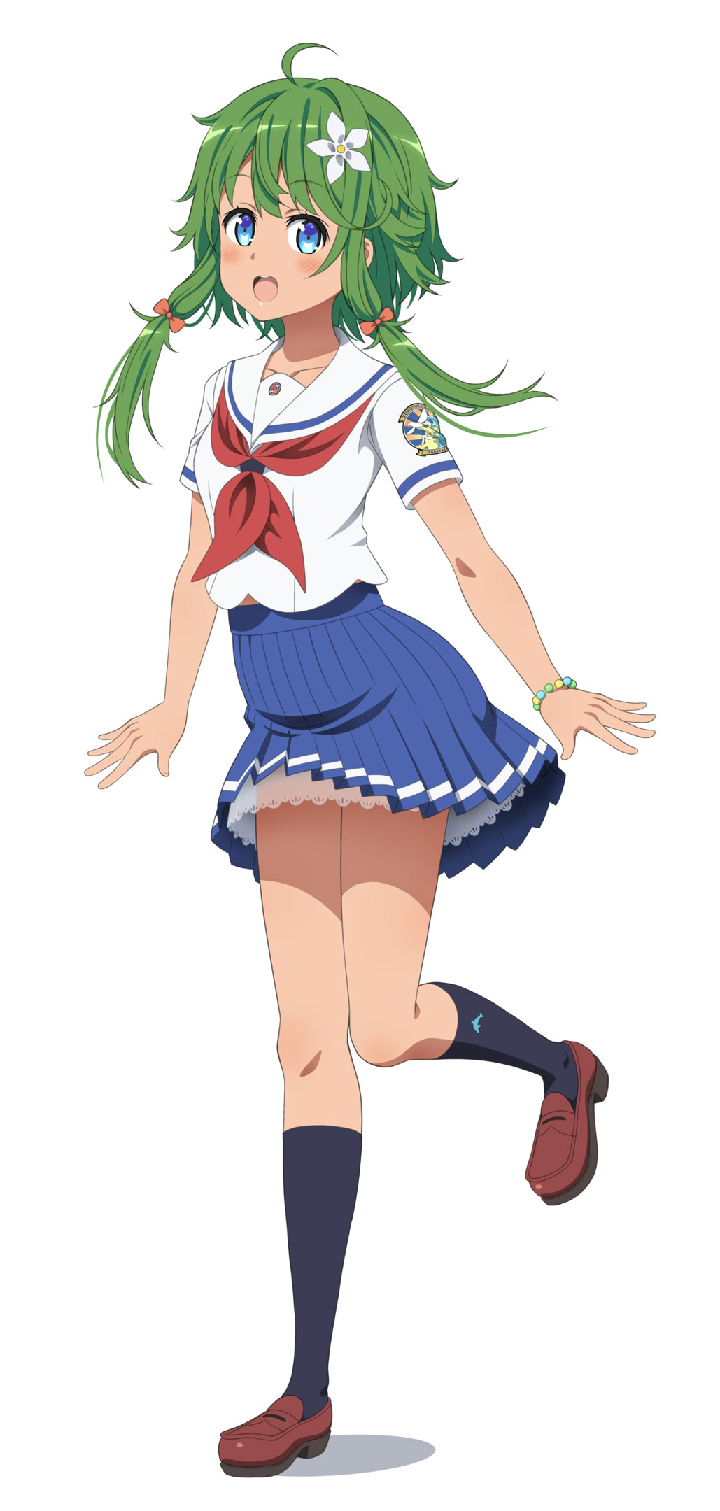 1girl, black_socks, blue_eyes, blue_skirt, brown_shoes, dark-skinned_female, dark_skin, full_body