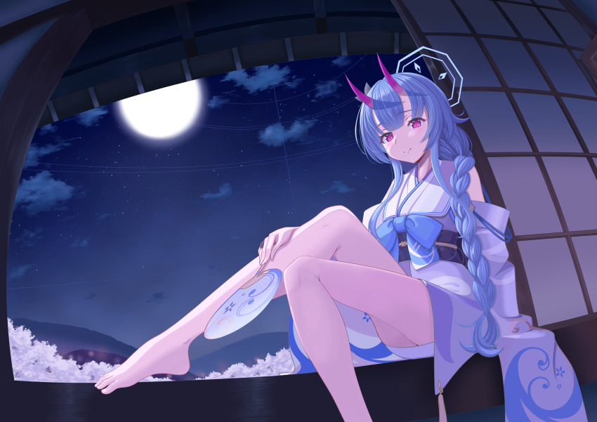 1girl, absurdres, barefoot, blue_archive, blue_hair, bow, braid, braided_ponytail, chise_(blue_archive), cloud, feet, halo, hand_fan, harold_japan, highres, horns, japanese_clothes, kimono, legs, long_hair, looking_at_viewer, moon, night, paper_fan, red_eyes, ring_of_light_(blue_archive), sitting, sky, smile, solo, very_long_hair