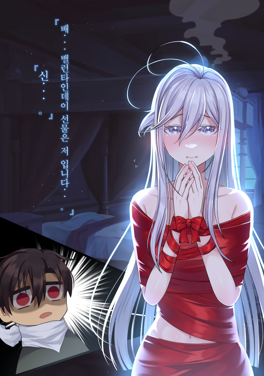 1boy, 1girl, 86_-eightysix-, absurdres, bed, blush, bound, bound_wrists, bow, brown_hair, canopy_bed, clenched_teeth, collarbone, embarrassed, grey_eyes, hair_between_eyes, highres, indoors, leemun, long_hair, looking_at_viewer, midriff, naked_ribbon, navel, open_mouth, red_bow, red_eyes, red_ribbon, ribbon, shinei_nouzen, short_hair, silver_hair, stomach, teeth, translation_request, very_long_hair, vladilena_millize