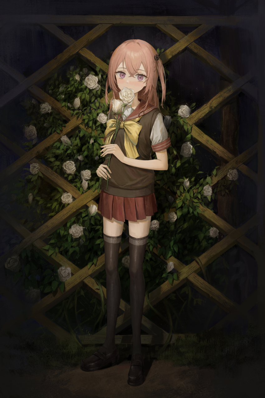 1girl, absurdres, black_footwear, black_thighhighs, bow, bowtie, brown_sweater_vest, commentary_request