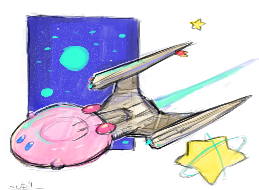 blue_eyes, crossover, highres, kirby, kirby_(series), kirby_and_the_forgotten_land, meme, mouthful_mode, nintendo, no_humans, oomasa_teikoku, parody, pun, science_fiction, sketch, solo, space, spacecraft, star_(sky), star_trek, star_trek:_discovery, uss_discovery_ncc-1031, vehicle_focus, waddle_dee