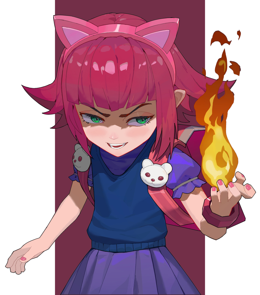 1girl, absurdres, animal_ears, annie_(league_of_legends), blue_vest, cat_ears, child, cowboy_shot, fake_animal_ears, fire, green_eyes, hand_up, highres, league_of_legends, magic, medium_hair, nail_polish, open_mouth, pink_nails, ptdra, puffy_short_sleeves, puffy_sleeves, red_background, short_sleeves, skirt, smile, solo, teeth, vest, white_background