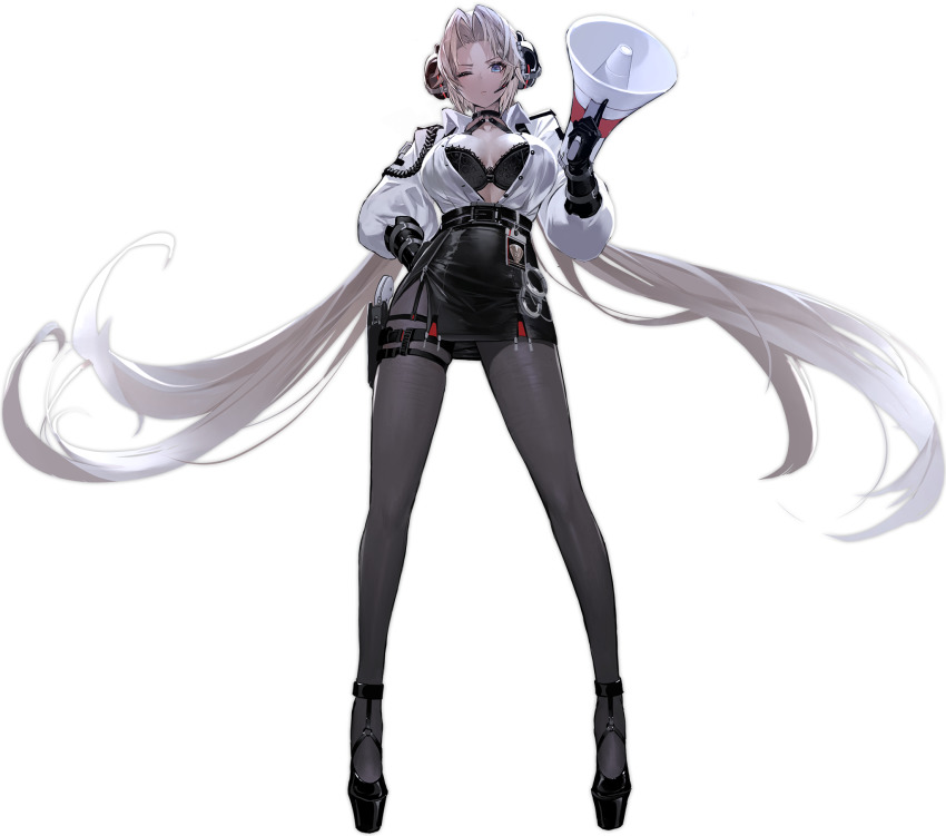 1girl, azur_lane, belt, black_belt, black_bra, black_footwear, black_gloves, black_skirt