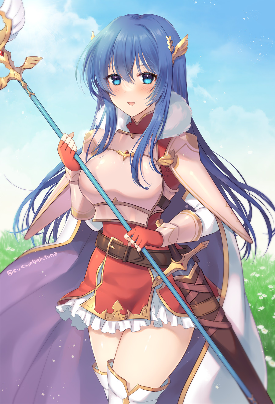 1girl, :d, armor, awayuki_ramika, belt, blue_eyes, blue_hair, blue_sky, blush, boots, breastplate, caeda_(beloved_queen)_(fire_emblem), caeda_(fire_emblem), cloud, dress, fingerless_gloves, fire_emblem, fire_emblem:_mystery_of_the_emblem, fire_emblem_heroes, gloves, hair_ornament, highres, holding, holding_polearm, holding_weapon, long_hair, nintendo, official_alternate_costume, open_mouth, outdoors, pegasus_knight_uniform_(fire_emblem), polearm, red_dress, red_gloves, sheath, sheathed, short_dress, shoulder_armor, sky, smile, solo, spear, sword, thigh_boots, thighhighs, twitter_username, weapon, white_boots, white_thighhighs, zettai_ryouiki